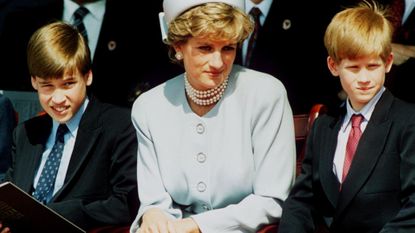 Prince Harry Diana Jimmy Savile BBC drama - Princess Diana, Princess of Wales with her sons Prince William and Prince Harry attend the Heads of State VE Remembrance Service in Hyde Park on May 7, 1995 in London, England