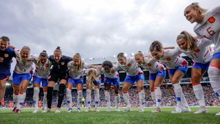 Dutch team huddles ahead of their women's football international