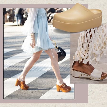 A graphic collage of spring 2025's best clogs by Chlo&eacute;, Birkenstock, Marni, Crocs, and Ulla Johnson