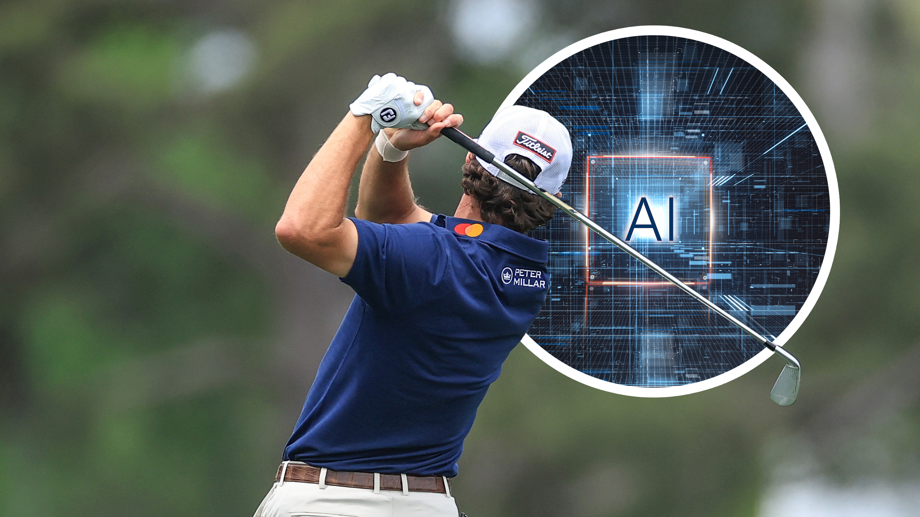 AI prediction to win the Masters 2026, Cameron Young, hitting an iron shot (from behind) appearing to look at a futuristic AI image