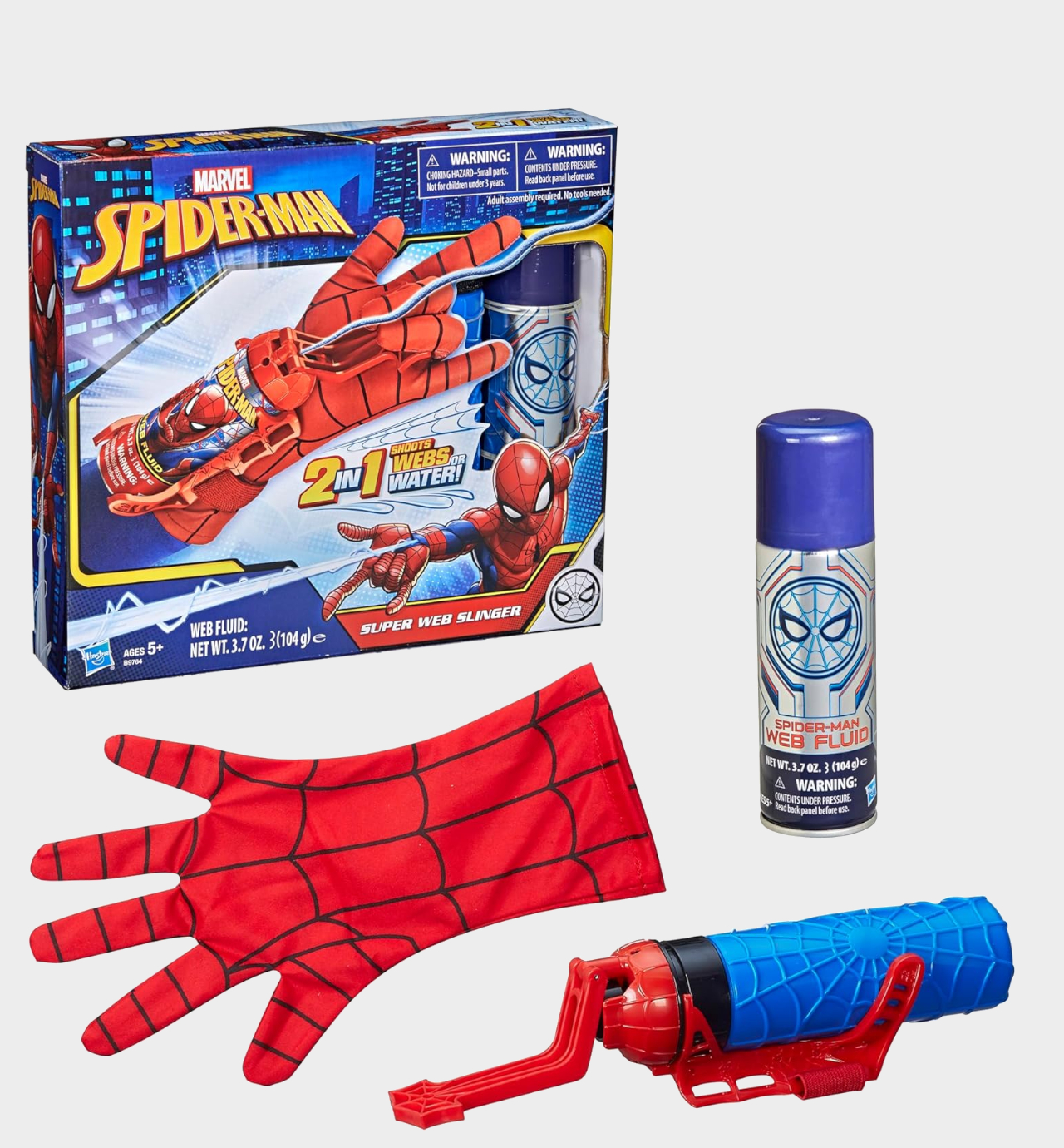 Marvel Spider-Man 2-in-1 Web Shooter, glove, can, and box on a plain background