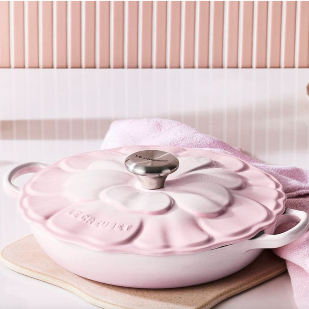pink Le Creuset petal cast iron casserole dish