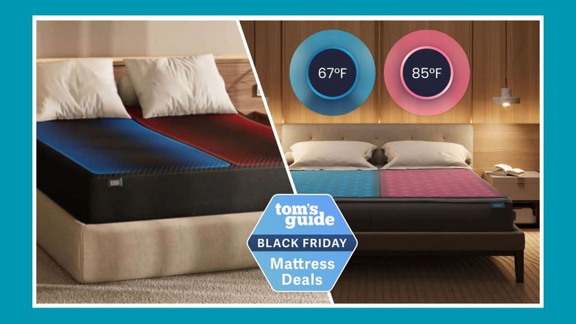 Eight Sleep Pod 4 smart mattress cover with one side blue and one side red on bed with white pillows (left). Chilipad Dock Pro Cooling Bed System on bed in bedroom with wooden panelling (right) with Tom&#039;s Guide Black Friday mattress deals logo. 