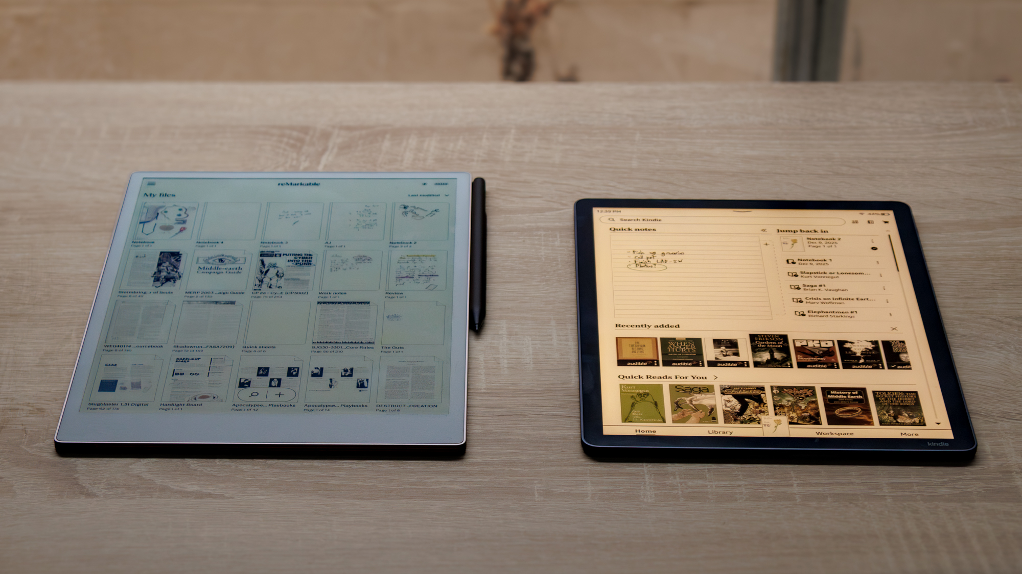 Kindle Scribe Colorsoft vs ReMarkable Paper Pro on a table alongside each other