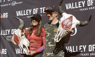 Keegan Swenson and Sofia Gomez Villafañe with unique trophies for winning Valley of Tears