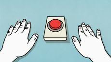 Concept image showing white-colored human hands placed on a desk with a red-colored button pictured in center.