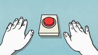 Concept image showing white-colored human hands placed on a desk with a red-colored button pictured in center.