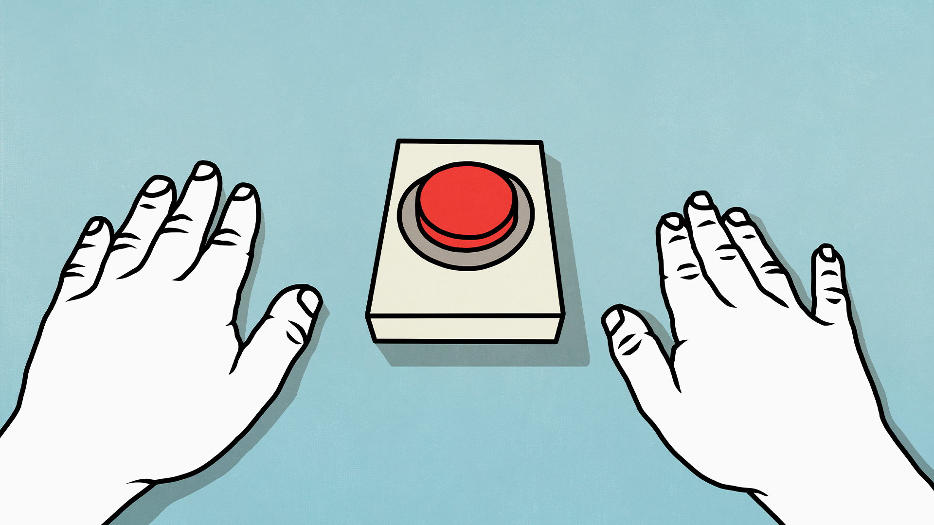 Concept image showing white-colored human hands placed on a desk with a red-colored button pictured in center.