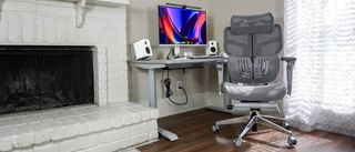 The Hinomi X1 ergonomic office chair in front of a desk setup next to a fire place