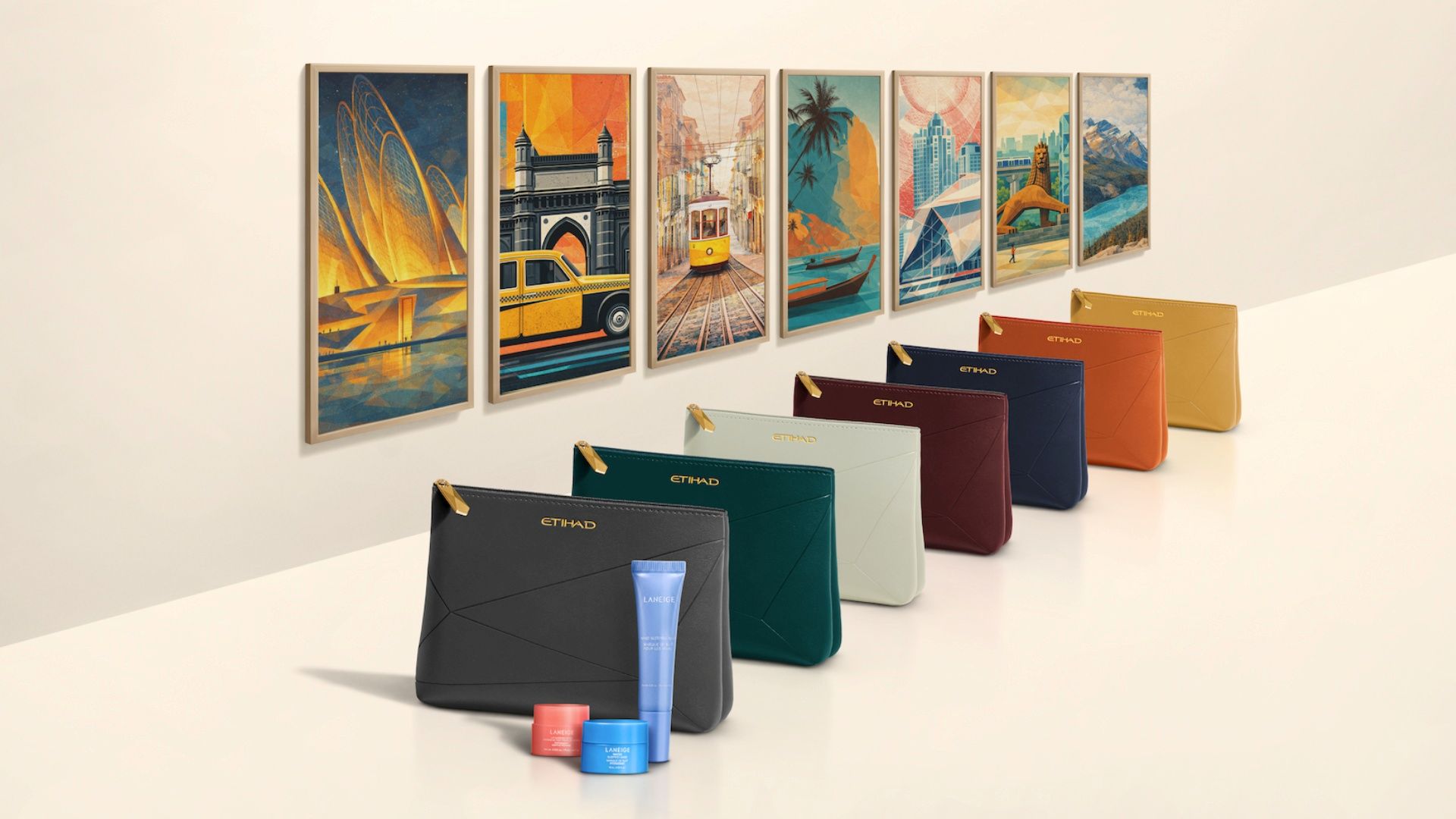 View of a new Etihad Airways business class pouch featuring a range of colours and K-beauty Laneige products