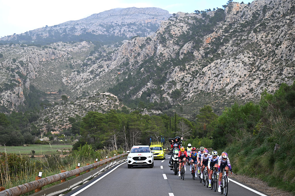 ANDRATX, SPAIN - JANUARY 26: A general view of Marta Jaskulska of Poland and Team Human Powered Health, Mie Bjorndal Ottestad of Norway and Team Uno-X Mobility, Karlijn Swinkels of Netherlands, Eleonora Camilla Gasparrini of Italy and UAE Team ADQ, Liane Lippert of Germany, Cat Ferguson of Great Britain and Movistar Team and Anna Henderson of Great Britain and Team Lidl - Trek and Debora Silvestri of Italy and Team Laboral Kutxa - Fundacion Euskadi compete in the breakaway during the 3rd Challenge Femenino Ciclista Mallorca 2026, Trofeo Binissalem-Andratx a 108.2km one day race from Binissalem to Port d&amp;amp;apos;Andratx / The race has been delayed due to strong winds. The route has been shortened a total distance of 75 km / on January 26, 2026 in Andratx, Spain. (Photo by Tim de Waele/Getty Images)