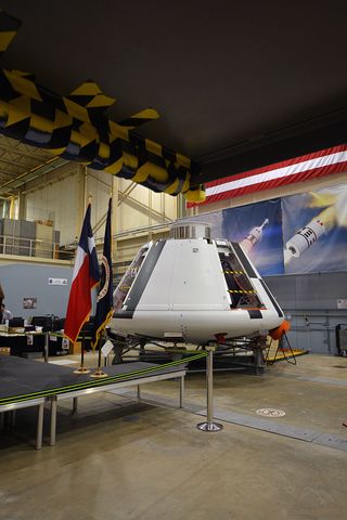 NASA’s Ascent Abort-2 (AA-2) boilerplate Orion crew capsule at Johnson Space Center in Houston, Texas.