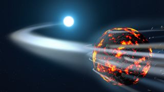 An illustration of a young planet forming from rocky asteroids. Some pieces careen off into the atmosphere of the local star.