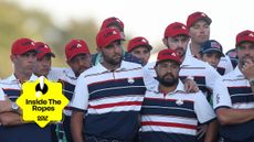 Team USA look on glumly after losing to Team Europe at the 2025 Ryder Cup, with an Inside The Ropes sticker in the bottom left