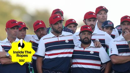 Team USA look on glumly after losing to Team Europe at the 2025 Ryder Cup, with an Inside The Ropes sticker in the bottom left