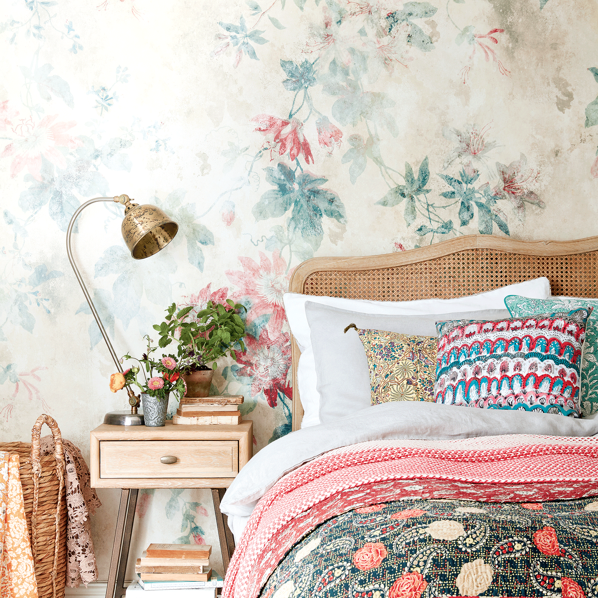 Bedroom with floral wallpaper