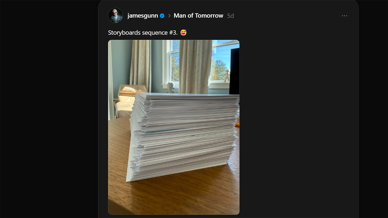 A screenshot of Man of Tomorrow's third storyboards sequence document sitting on a table