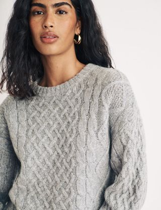 Grey Crew Neck Cable Knit Wool Jumper