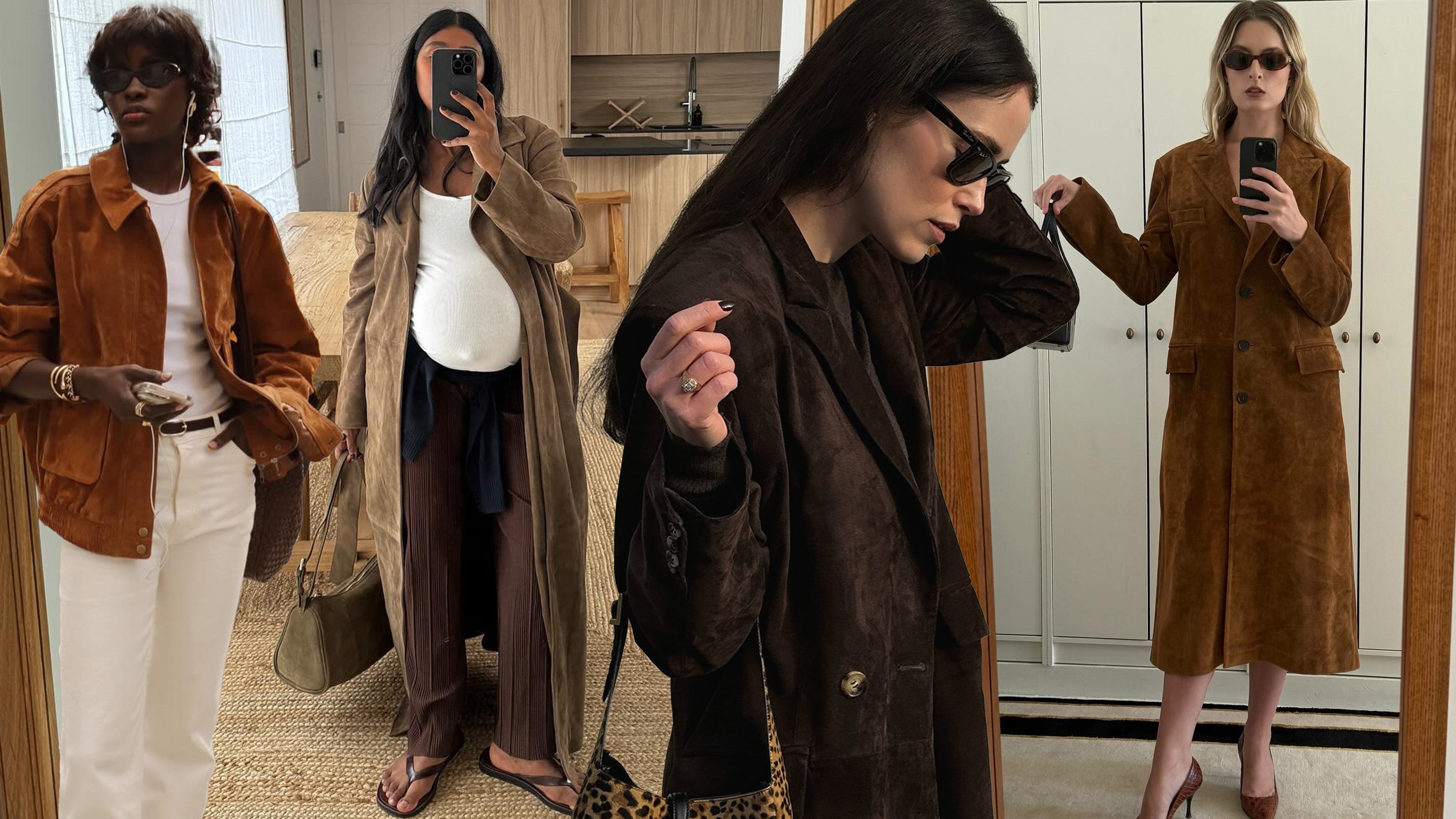 A collage of women wearing suede jackets.