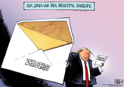 Political cartoon U.S. Trump North Korea Kim Jong Un nuclear summit envelope letter