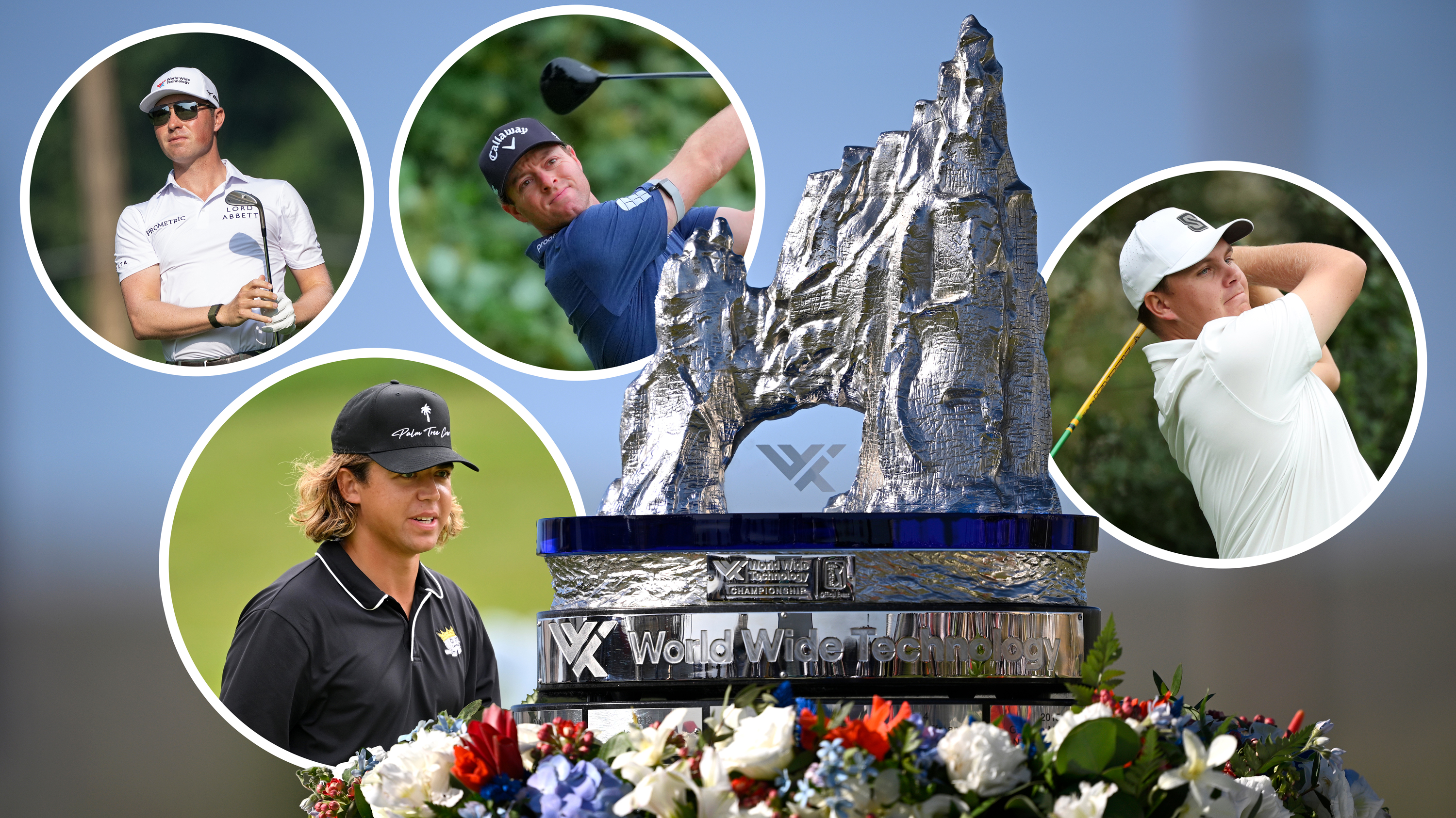 The World Wide Technology Championship trophy with four inset images of our best bets for the PGA Tour event in Mexico