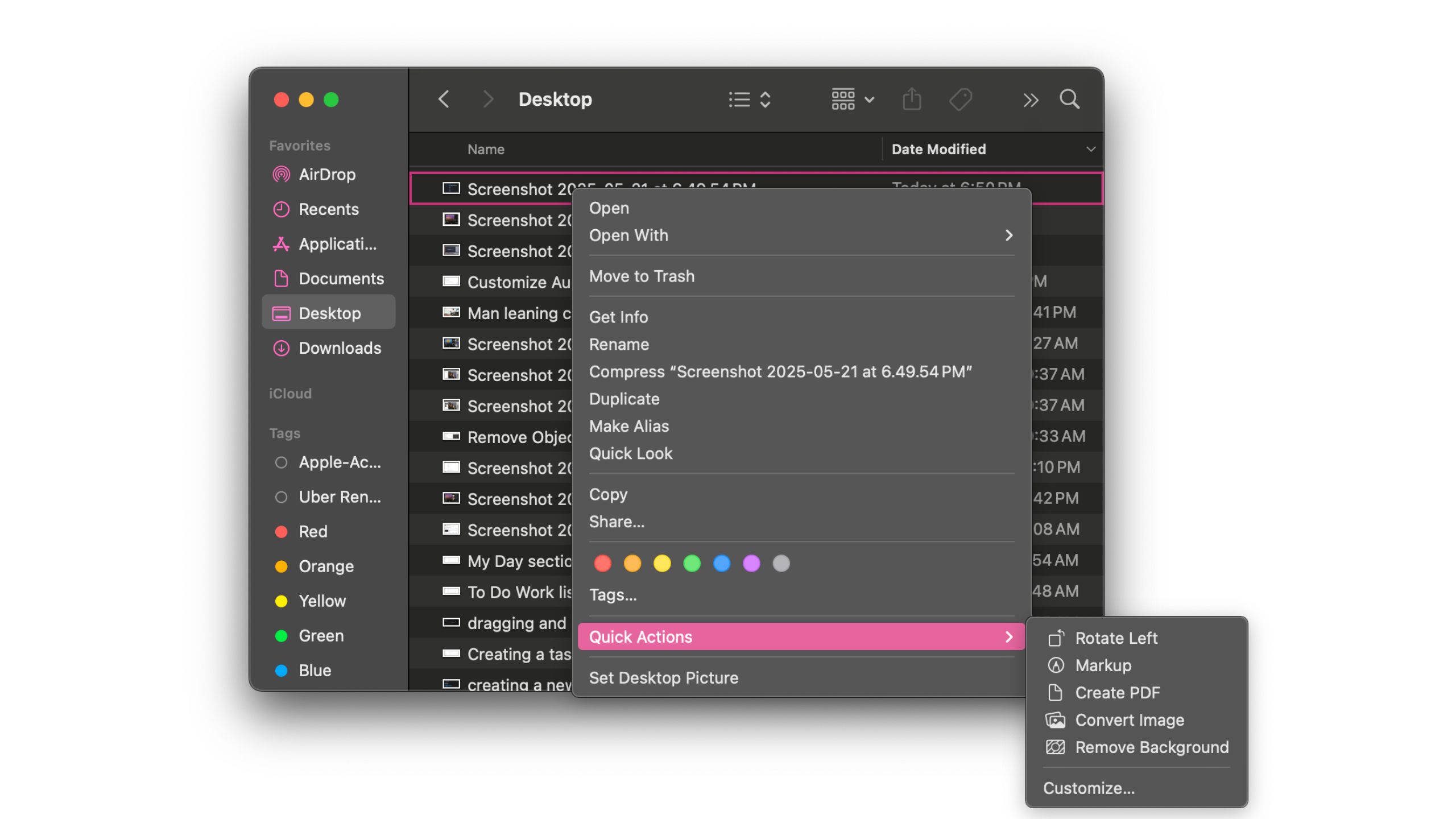 Finder Quick Actions that appear when you control-click a file