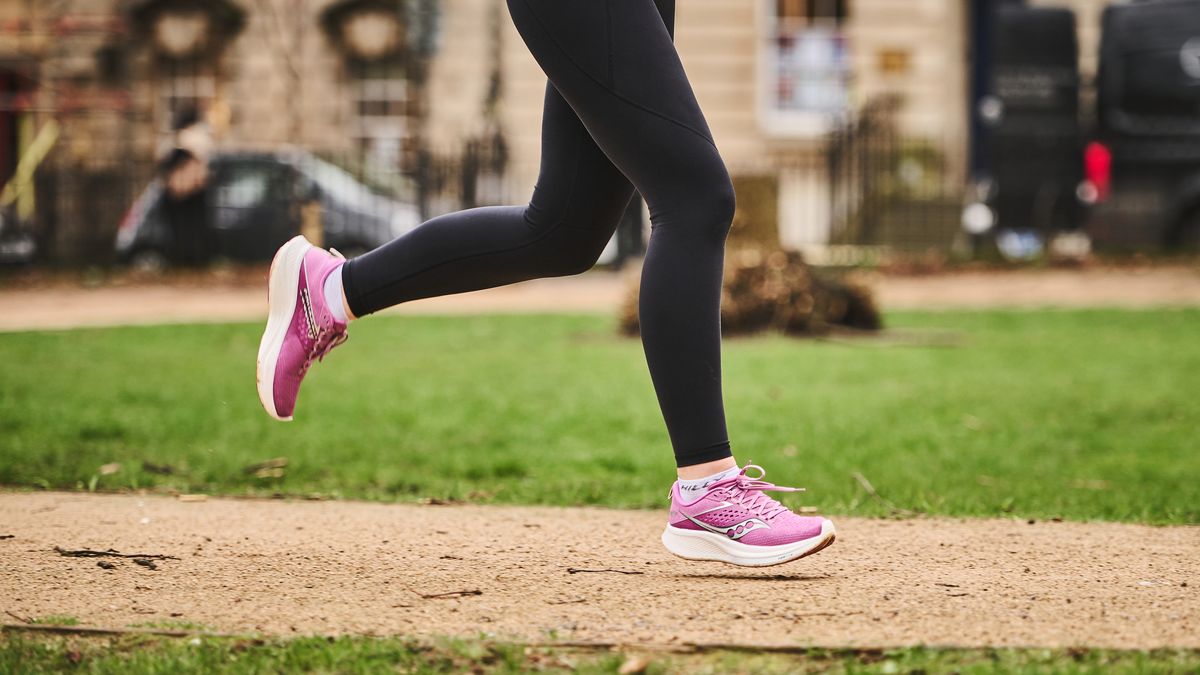 Woman wearing Saucony Ride 17 running shoes