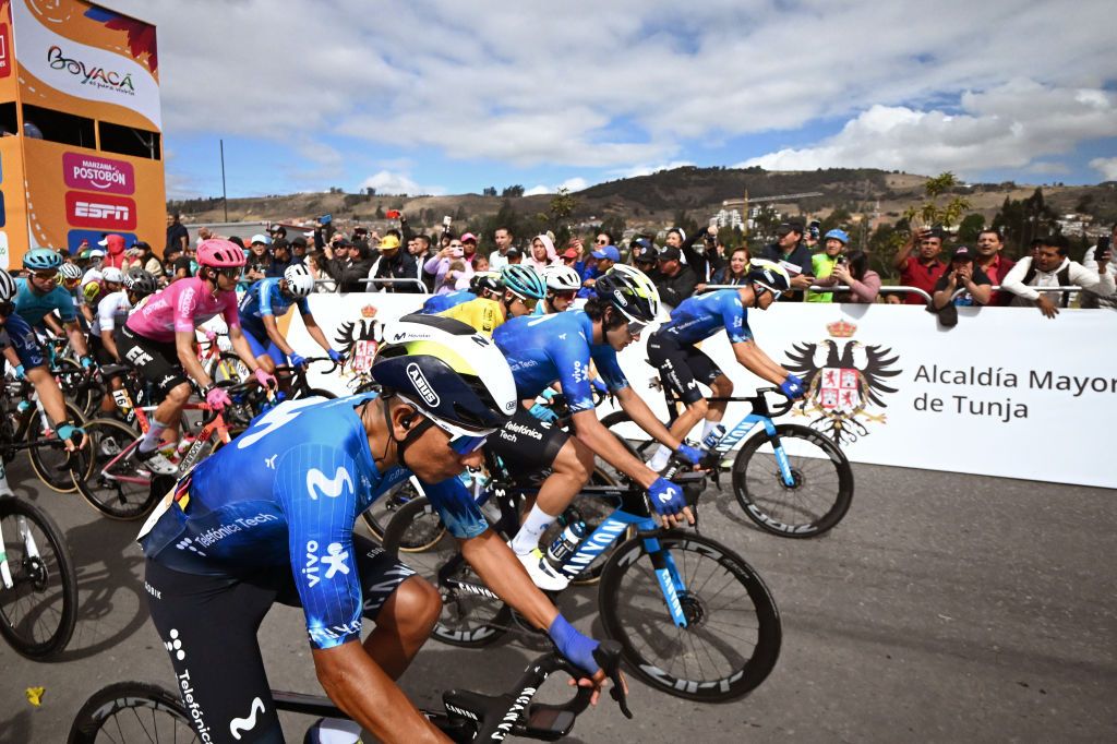 TUNJA COLOMBIA FEBRUARY 08 LR Nairo Quintana of Colombia Vinicius Rangel of Brasil Sergio Samitier of Spain and Movistar Team and a general view of the peloton prior to the 4th Tour Colombia 2024 Stage 3 a 1419km stage from Tunja to Tunja on February 08 2024 in Tunja Colombia Photo by Maximiliano BlancoGetty Images