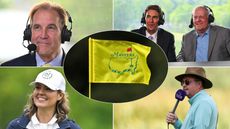 Jim Nantz, Terry Gannon, Jack Nicklaus, Amanda Balionis and Wayne Riley with a Masters flag centered