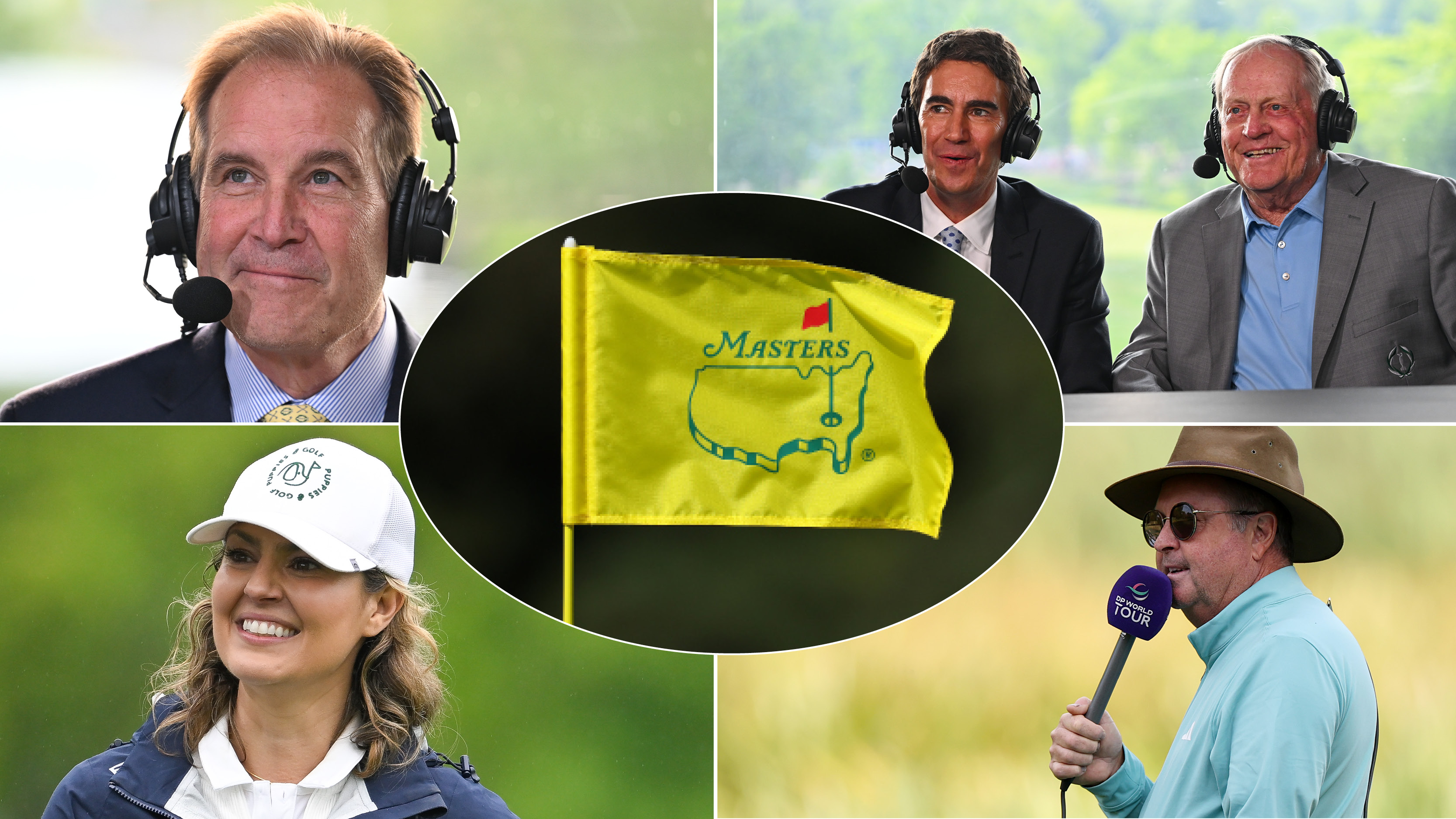Jim Nantz, Terry Gannon, Jack Nicklaus, Amanda Balionis and Wayne Riley with a Masters flag centered