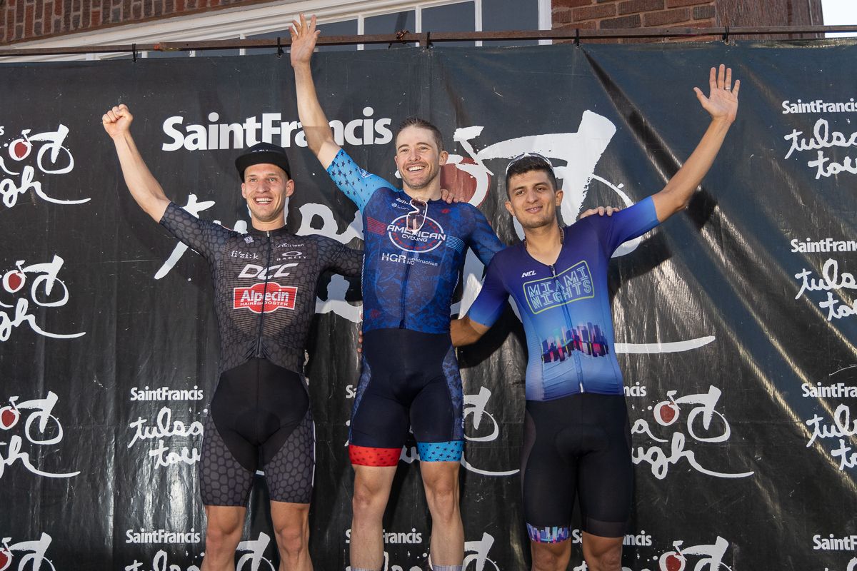 Mens pro podium on Saturday of Tulsa Tough (L to R): Dario Rapps (DCC Alpecin) second, winner Danny Summerhill (ACG) and Bryan Gomez (Miami Nights) third