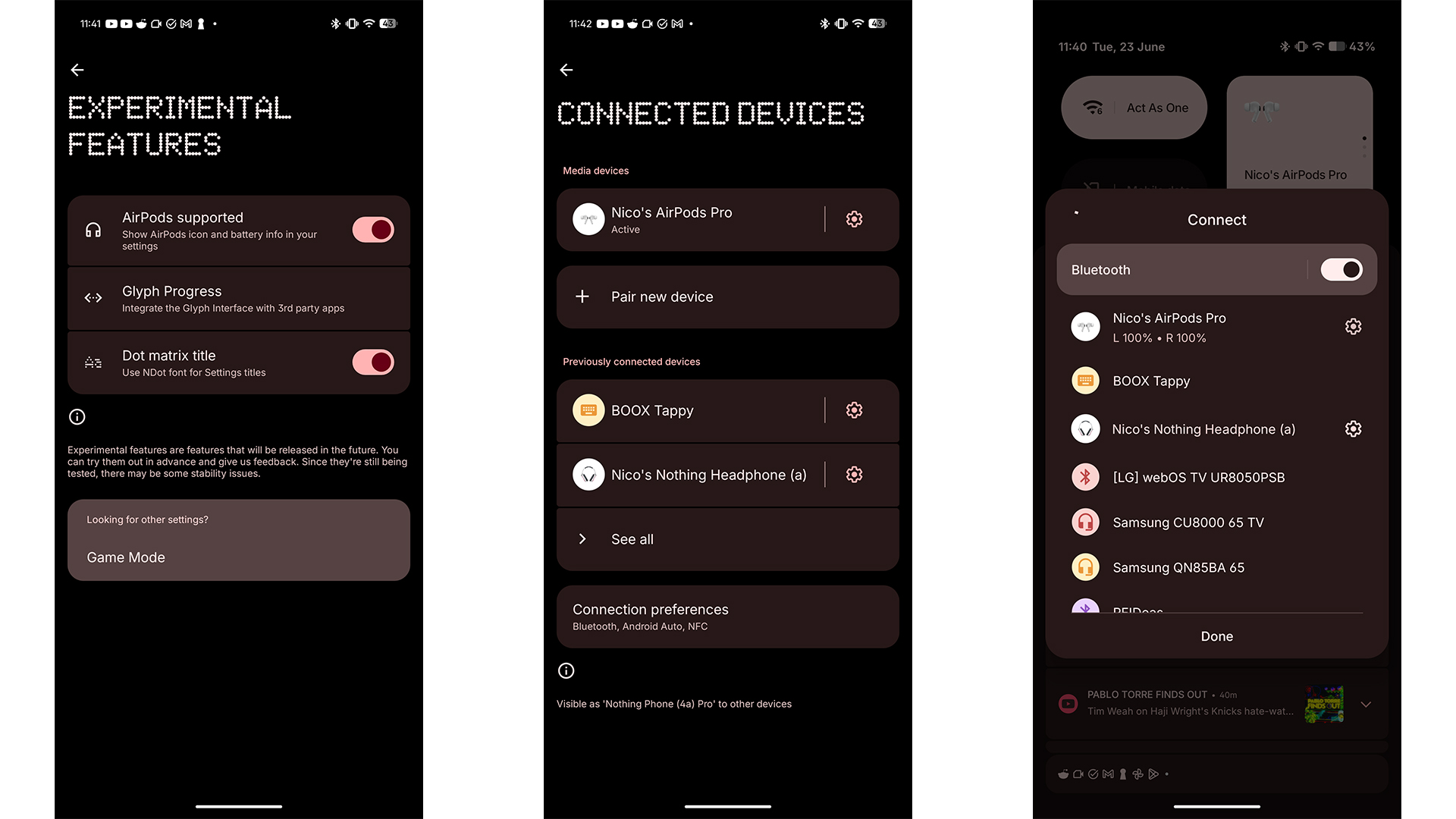 Screenshots of Nothing OS's experimental features menu and showing the AirPods Pro support