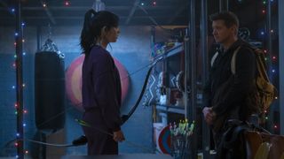 A screenshot of Clint Barton and Kate Bishop in Marvel's Hawkeye TV show