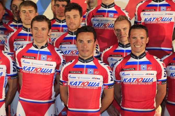 Katusha proudly show off their new kit.