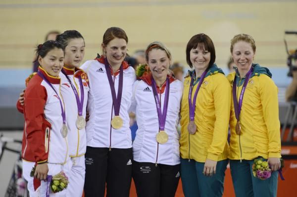 The women's team sprint podium: China (silver), Germany (gold), Australia (bronze)