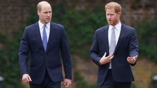 Prince William and Prince Harry arrive for the unveiling of a statue they commissioned of their mother Diana, Princess of Wales in 2021