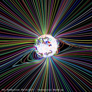 a.The sun's magnetic field stands out in stunning colors in this image, which was generated by Predictive Science's simulations.