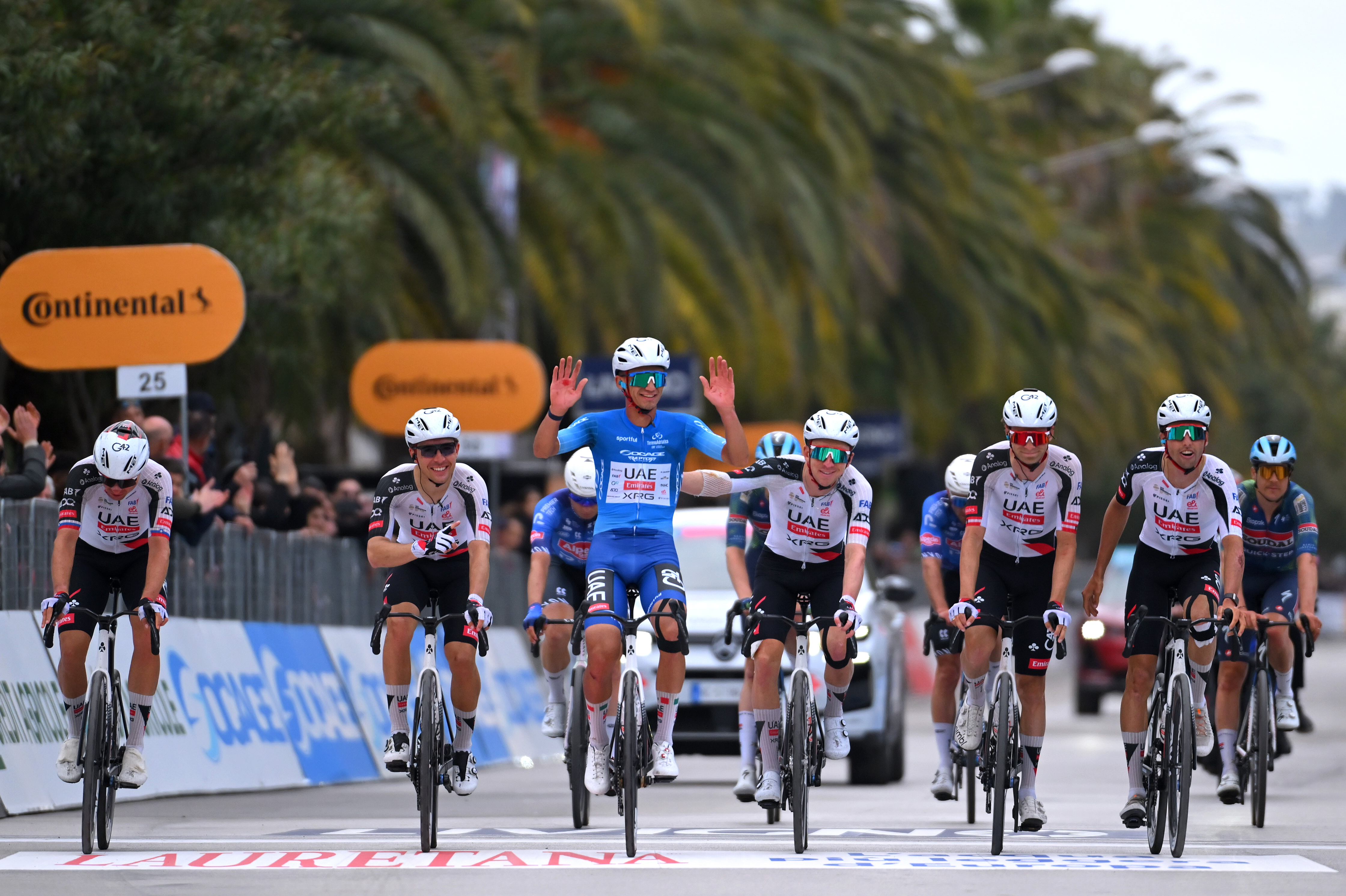 Isaac Del Toro and his UAE Team Emirates-XRG teammates celebrate winning Tirreno-Adriatico 2026