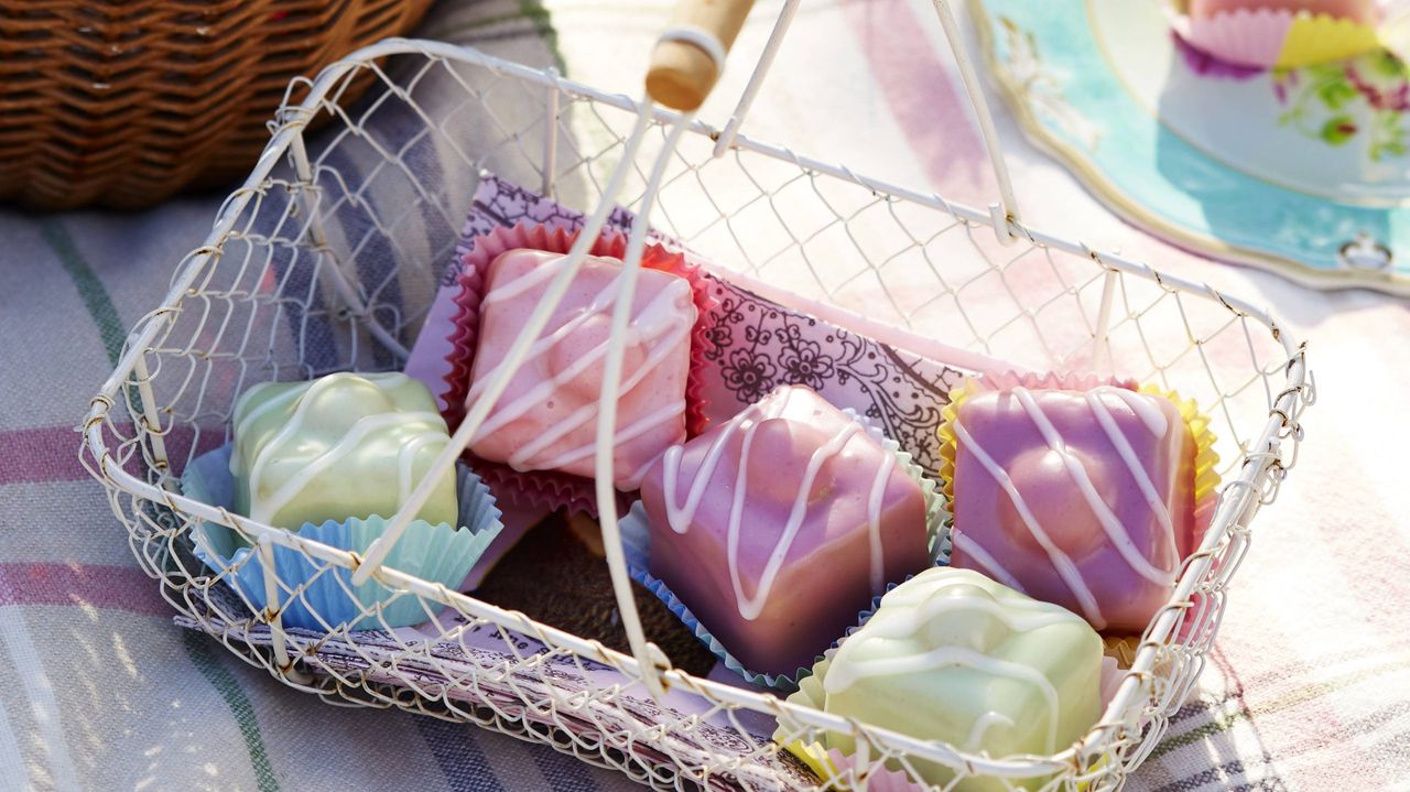 cherry bakewell french fancies in picnic basket