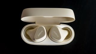 Jabra Elite 5 earbuds in their case.