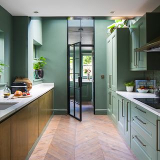 a green colour drench painted kitchen with a row of gold-fronted cabinets on one side and green painted cabinets on the other, an internal Crittal door into a utility/boot room