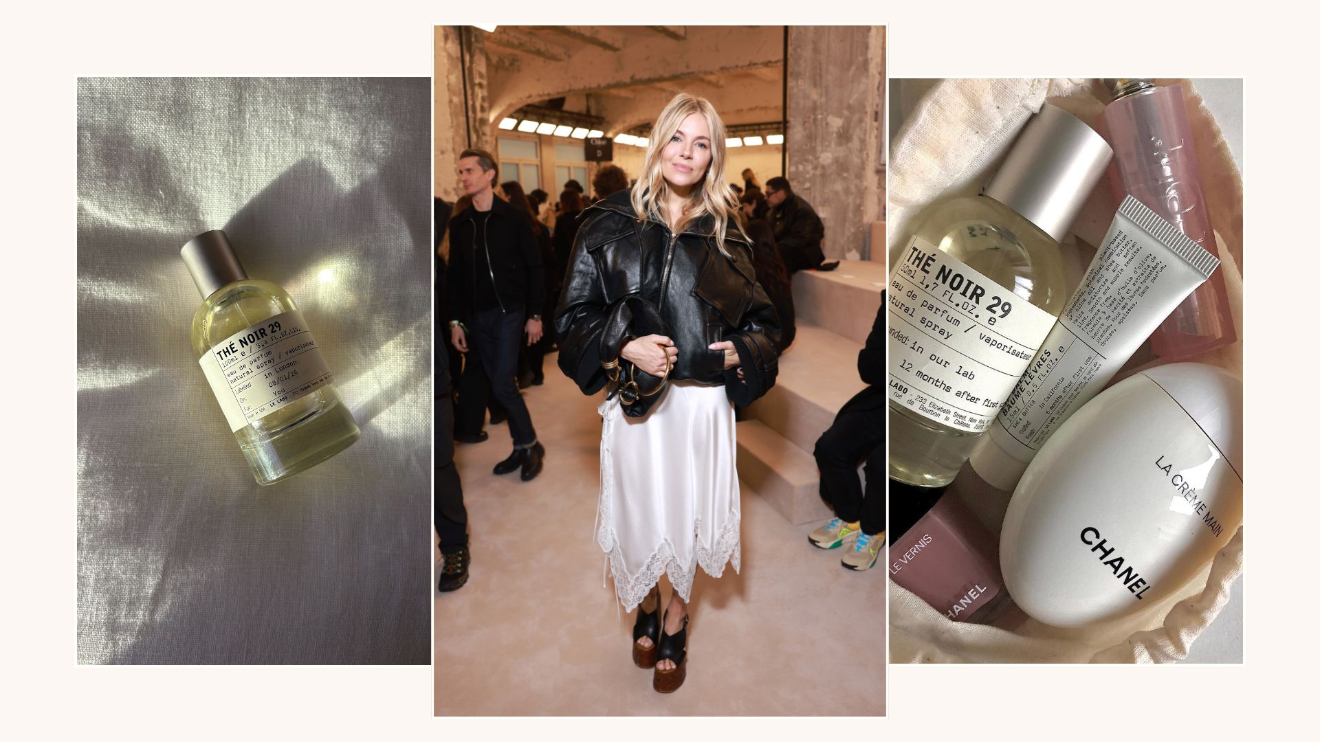 Two pictures of Le Labo The Noir 29 and a picture of Sienna Miller