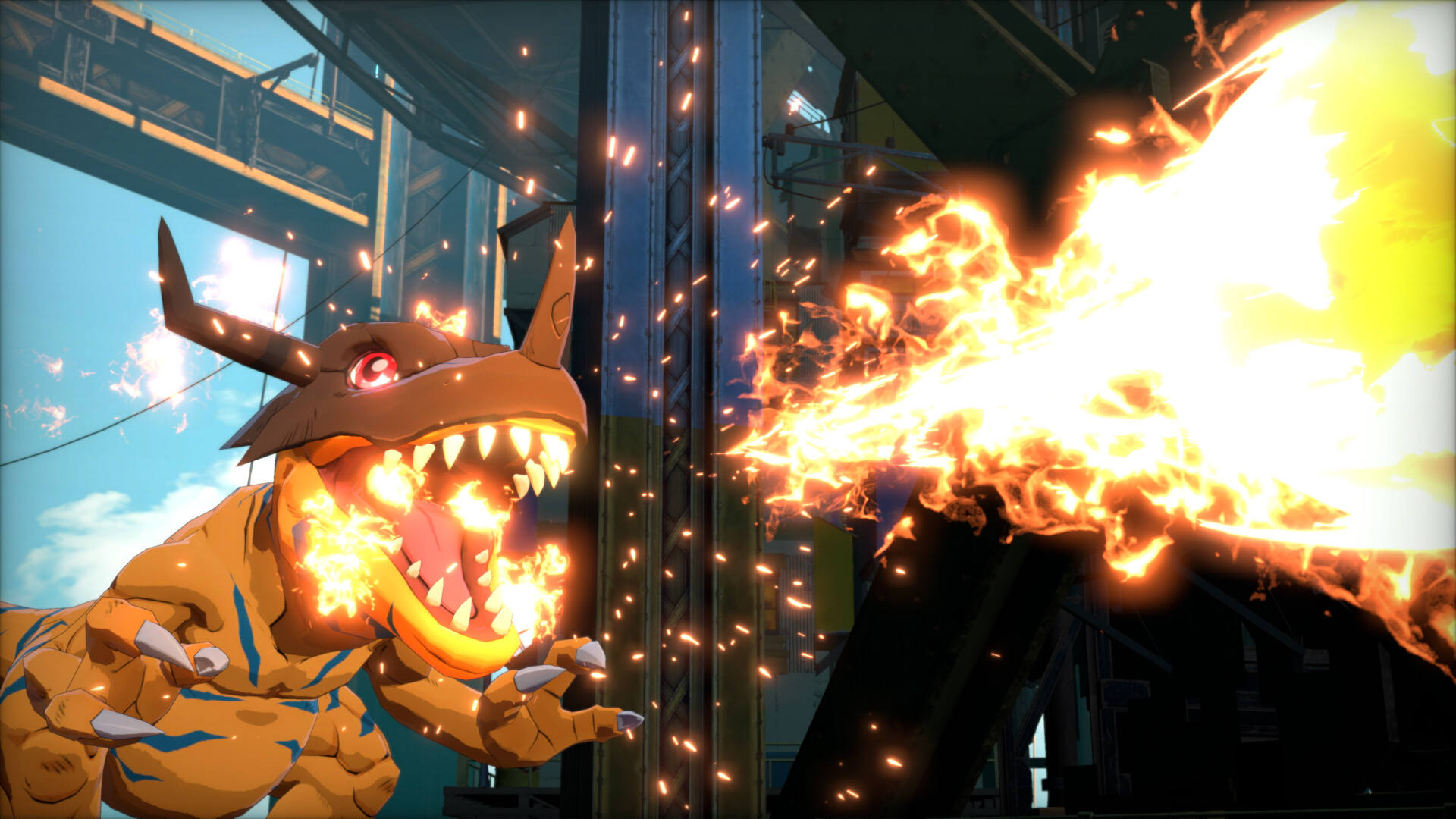 Promotional screenshot of Greymon from Digimon Story: Time Strangers
