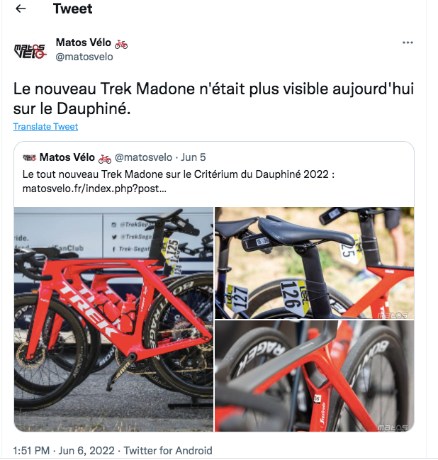 Matos Velo twitter shows new Trek Madone