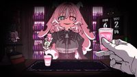 A screenshot of Drunken Goddess Reflux, showing the player preparing to drink a shot of alcohol while facing a pink-haired demon lady.