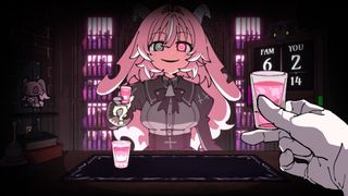 A screenshot of Drunken Goddess Reflux, showing the player preparing to drink a shot of alcohol while facing a pink-haired demon lady.