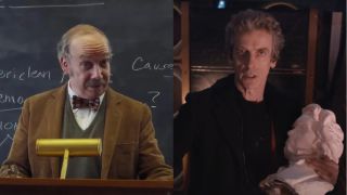 Paul Giamatti lectures at a podium in The Holdovers, pictured next to Peter Capaldi holding a bust in Doctor Who.