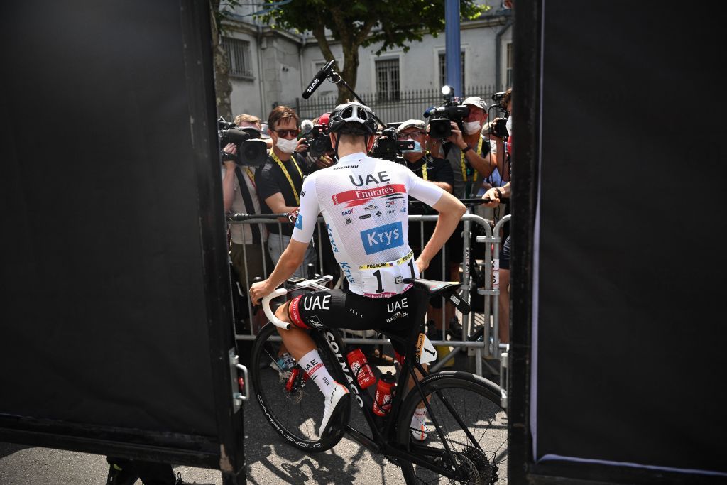 TOPSHOT UAE Team Emirates teams Slovenian rider Tadej Pogacar wearing the best young riders white jersey awaits the start of the the 17th stage of the 109th edition of the Tour de France cycling race 1297 km between SaintGaudens and Peyragudes in southwestern France on July 20 2022 Photo by Marco BERTORELLO AFP Photo by MARCO BERTORELLOAFP via Getty Images
