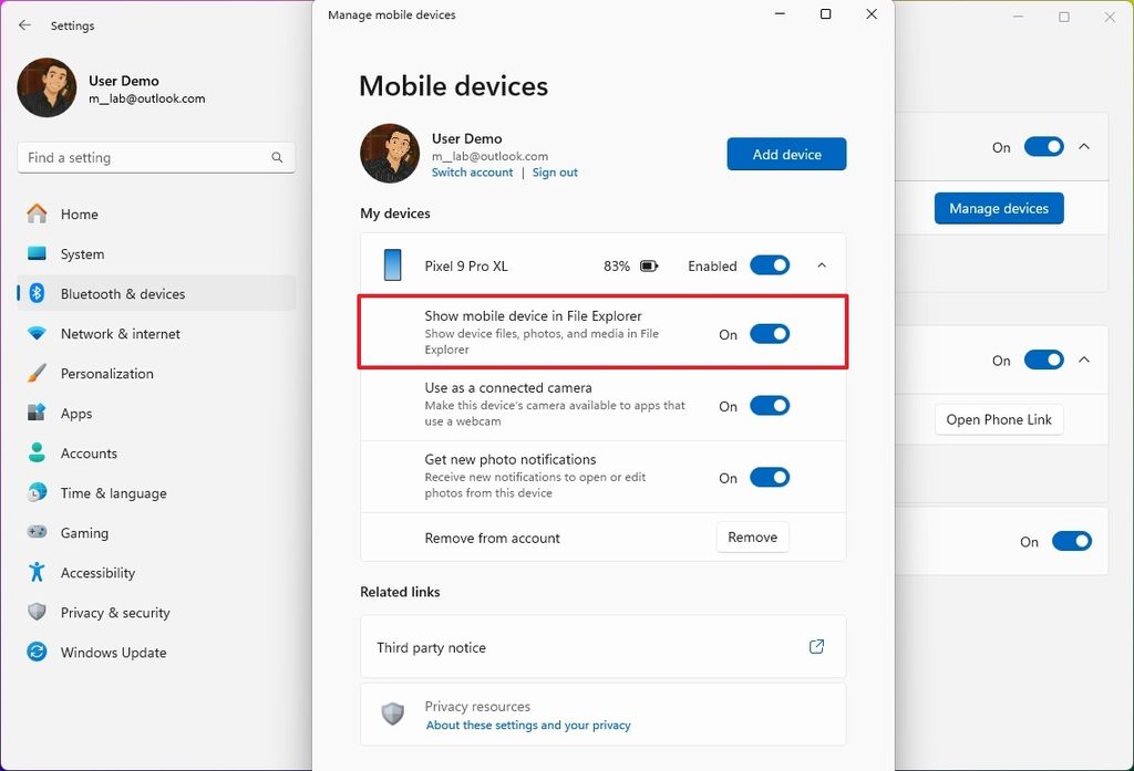 Show mobile device in File Explorer
