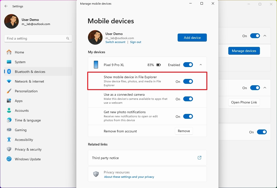 Show mobile device in File Explorer